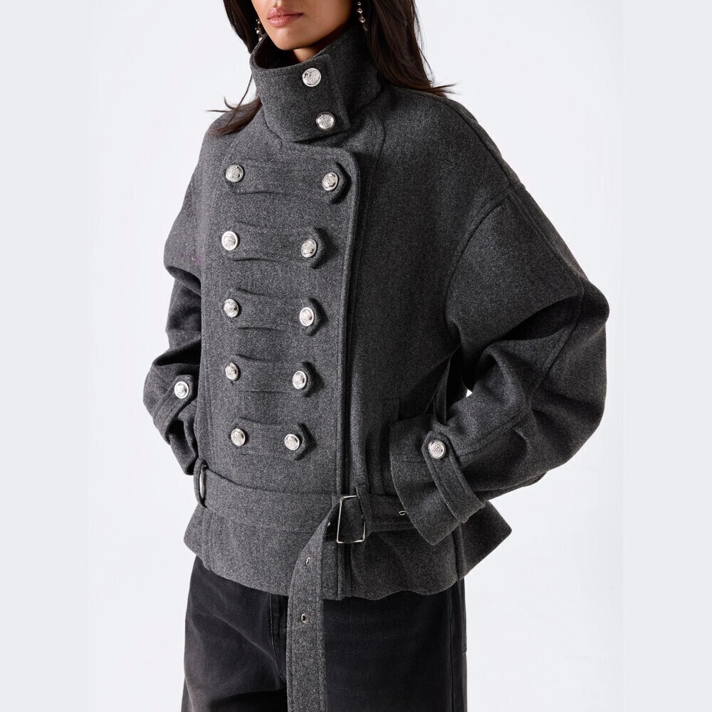 Charcoal Gray Military Button Belted Oversized Brushed Twill Trench Jacket